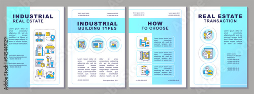Industrial real estate blue gradient brochure template. Leaflet design with linear icons. Editable 4 vector layouts for presentation, annual reports. Arial-Black, Myriad Pro-Regular fonts used