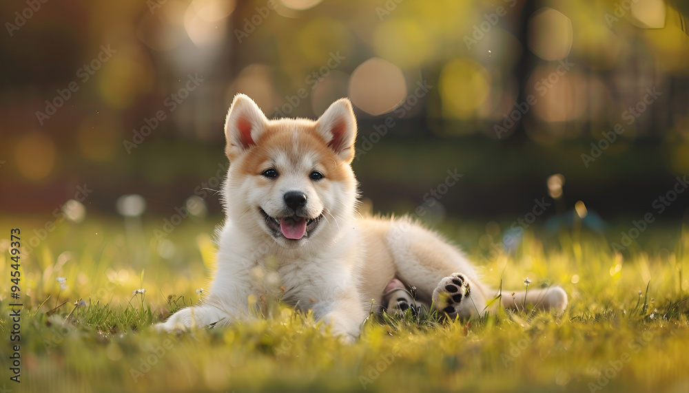 Funny adorable Akita Inu puppy in park, space for text Funny adorable Akita Inu puppy in park, space for text