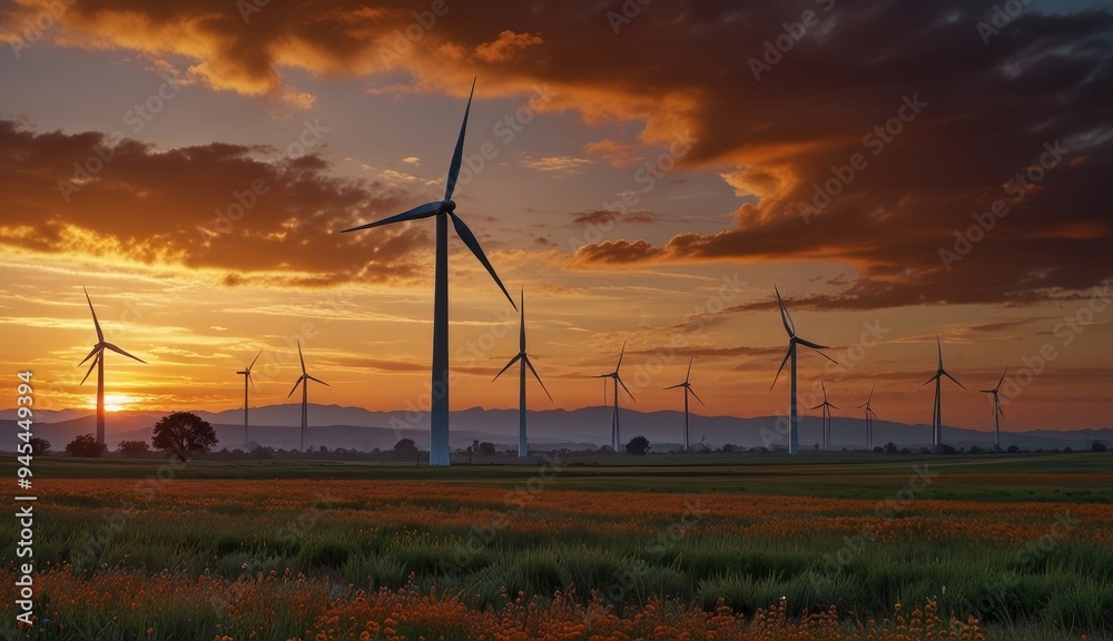 Obraz premium Sunset Over Wind Turbines Landscape
