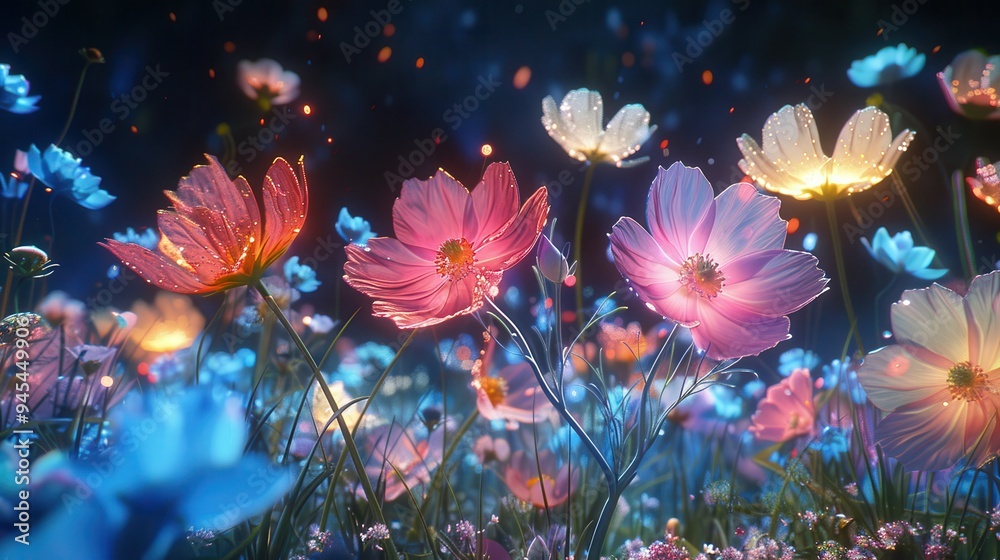 Glowing Cosmos Flowers in a Night Garden Glowing Cosmos Flowers in a Night Garden