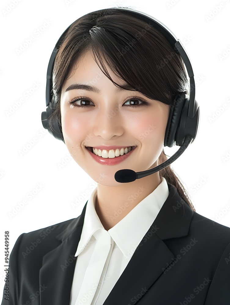 Friendly Female Customer Service Representative in Headset Providing Assistance at Call Center Friendly Female Customer Service Representative in Headset Providing Assistance at Call Center