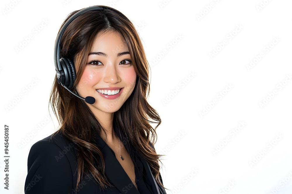 Smiling Customer Service Agent Wearing Headset in Office Smiling Customer Service Agent Wearing Headset in Office