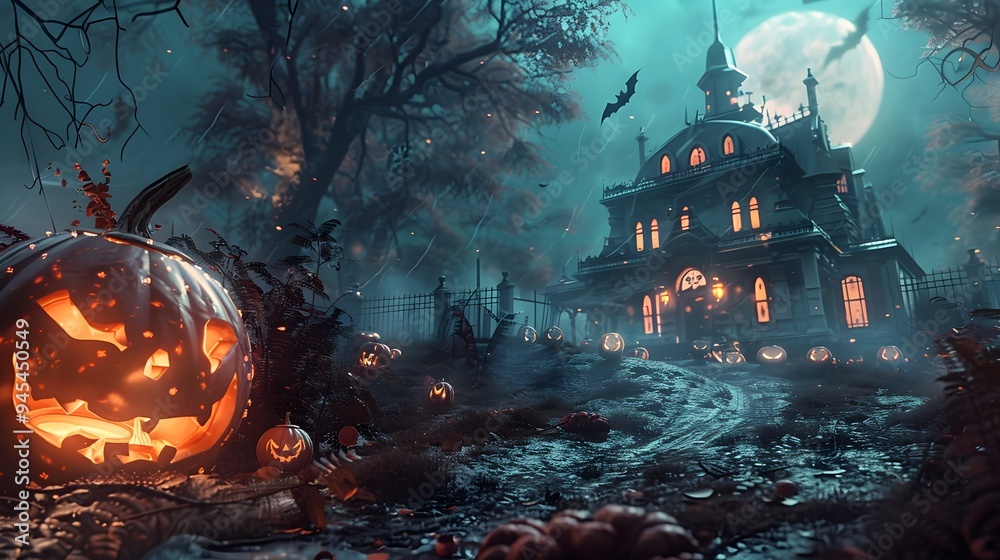 Obraz premium Halloween pumpkins in the forest at night.Halloween background with Evil Pumpkin. Spooky scary dark Night forrest. Holiday event halloween banner background