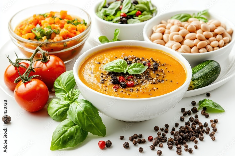 A vibrant display of healthy dishes including soup, salad, and vegetables.