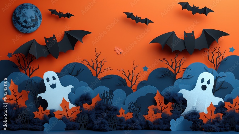 Papercraft Halloween Scene with Bats, Ghosts, and a Jack-o'-Lantern Moon Papercraft Halloween Scene with Bats, Ghosts, and a Jack-o'-Lantern Moon