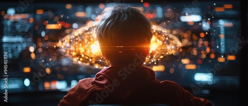 A figure controlling a massive holographic interface, guiding an uprising in a dystopian city, Futuristic, Dark tones, Sharp focus