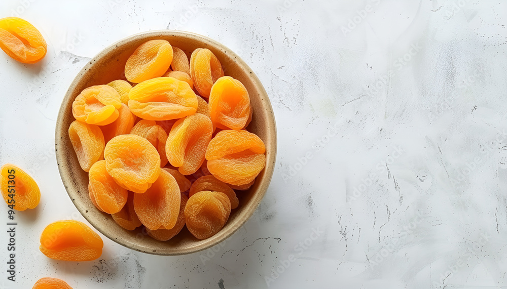 Flat lay composition with bowl of dried apricots on white background. Healthy fruit Flat lay composition with bowl of dried apricots on white background. Healthy fruit