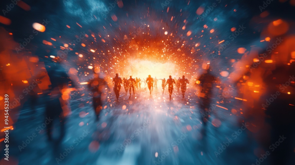 A group of rebels escaping through a holographic gateway, their forms shifting, in a dystopian world, Cyberpunk, Dark tones, Dynamic composition A group of rebels escaping through a holographic gateway, their forms shifting, in a dystopian world, Cyberpunk, Dark tones, Dynamic composition