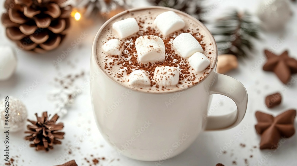 Cozy Christmas Hot Chocolate Flat Lay with Cinnamon Sticks, Anise Star, and Marshmallows on Knitted Blanket with Pine Cones - Winter Holidays Top View Cozy Christmas Hot Chocolate Flat Lay with Cinnamon Sticks, Anise Star, and Marshmallows on Knitted Blanket with Pine Cones - Winter Holidays Top View