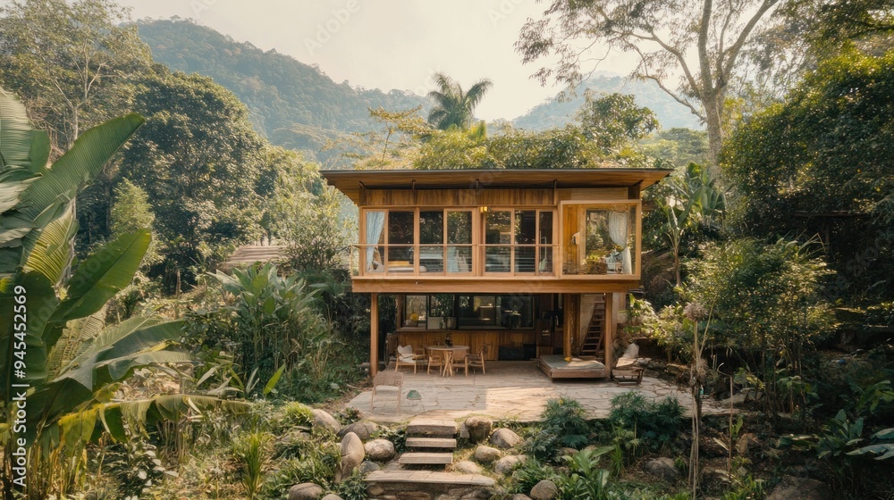 Modern wooden cabin in lush jungle setting with stone path and large windows. Modern wooden cabin in lush jungle setting with stone path and large windows.