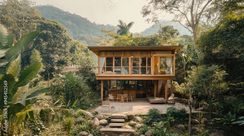 Modern wooden cabin in lush jungle setting with stone path and large windows.