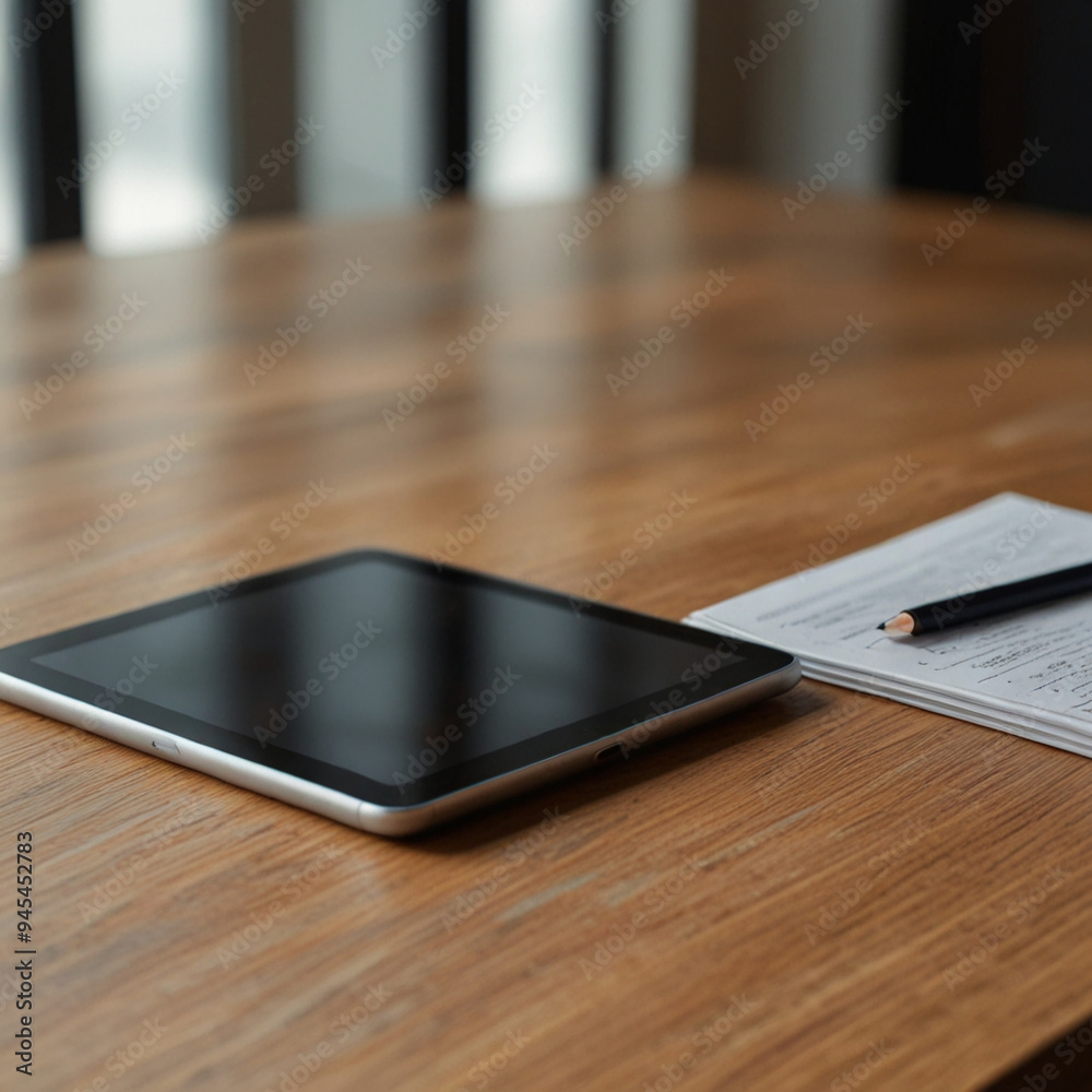 Modern workplace with tablet on table and notepad Modern workplace with tablet on table and notepad