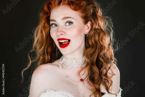 Young vampire woman with long curly hair, pale skin in a white dress on a black background. A beautiful redhead model with red lips. Outfit for halloween. Vampire with open mouth and fangs Young vampi photo