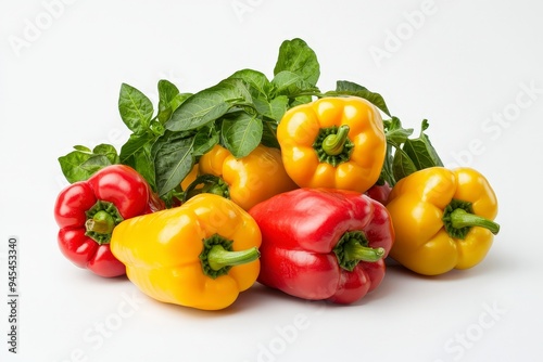 A colorful arrangement of bell peppers and fresh basil on a white background.