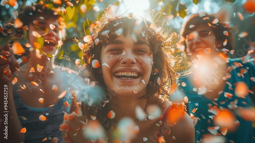 A young woman laughs as flower petals rain down around her