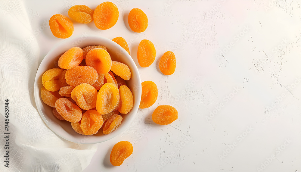 Flat lay composition with bowl of dried apricots on white background. Healthy fruit Flat lay composition with bowl of dried apricots on white background. Healthy fruit