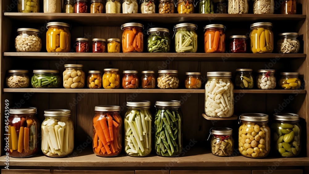 A rustic wooden shelf filled with glass jars of preserved vegetables. A rustic wooden shelf filled with glass jars of preserved vegetables.