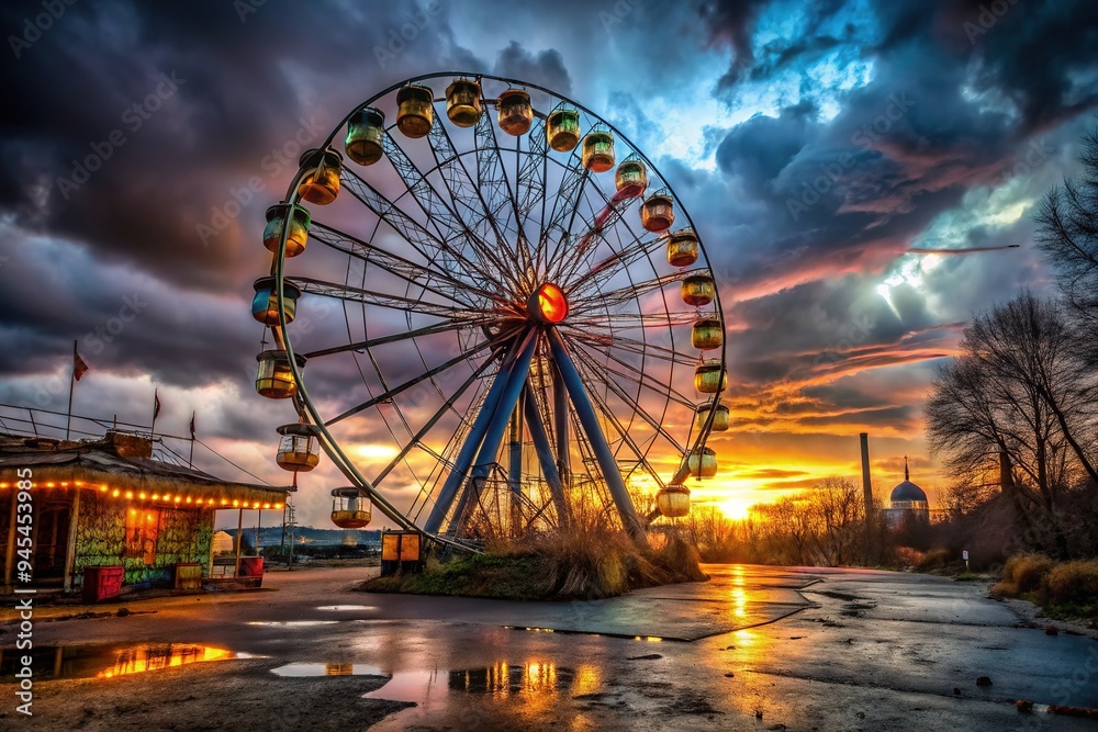 Ominous twilight Ferris wheel looms large amidst a deserted, rundown carnival, its vibrant lights eerily contrasting with the dark, foreboding atmosphere of decay and neglect. Ominous twilight Ferris wheel looms large amidst a deserted, rundown carnival, its vibrant lights eerily contrasting with the dark, foreboding atmosphere of decay and neglect.