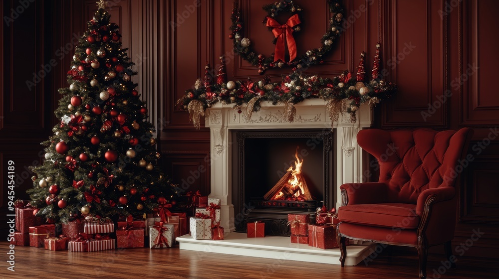 Fototapeta premium Christmas Living Room. Cozy Interior with Fireplace, Christmas Tree, Gifts, Red Armchair, Garland