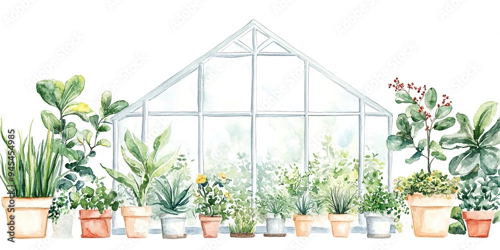 Watercolor painting of a white greenhouse with potted plants clipart white background Watercolor painting of a white greenhouse with potted plants clipart white background