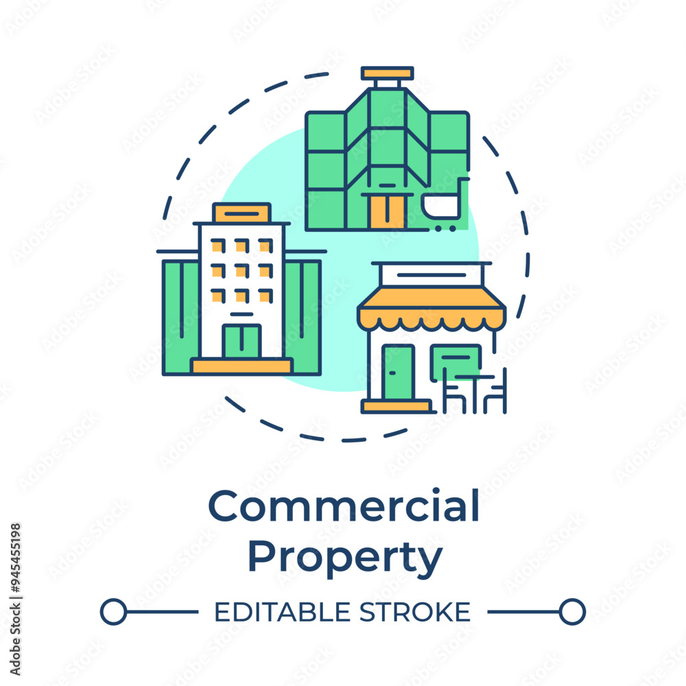 Obraz premium Commercial property multi color concept icon. Office building. Shopping center and restaurant. Retail space. Round shape line illustration. Abstract idea. Graphic design. Easy to use in article