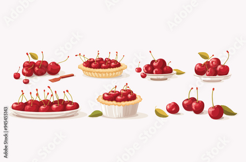 A vector illustration of cherries and cherry pies arranged in various compositions. This image is perfect for food packaging, recipe books, and culinary blogs.