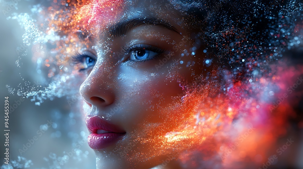 A woman's face is surrounded by a burst of colorful particles, creating an abstract and ethereal effect. A woman's face is surrounded by a burst of colorful particles, creating an abstract and ethereal effect.