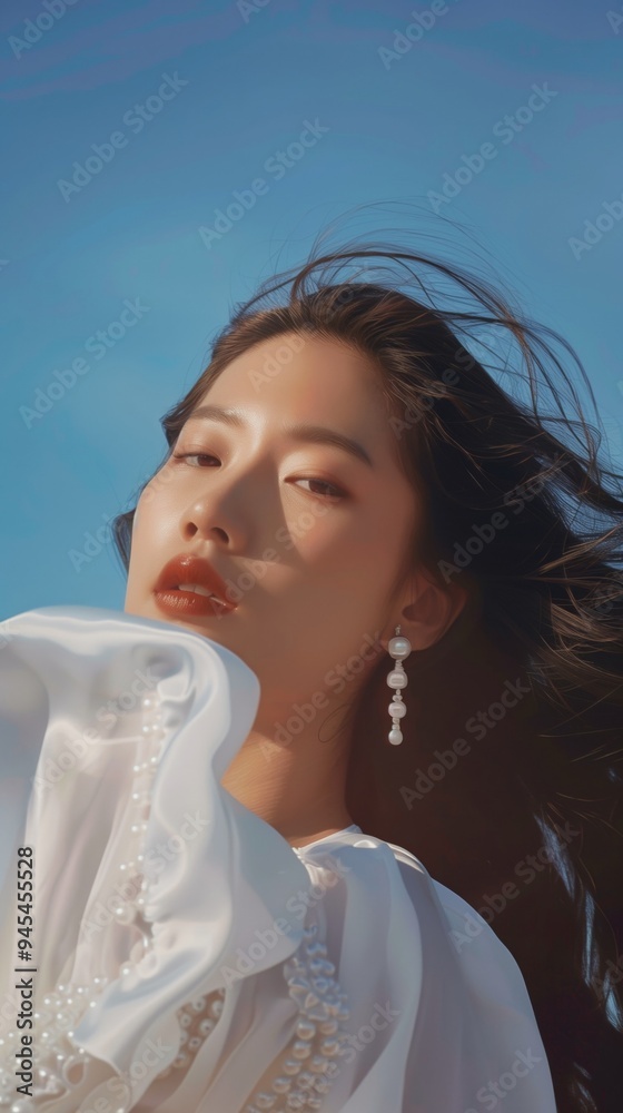 Captivating Portrait of a Radiant Asian Woman Amidst the Serene Blue Sky Captivating Portrait of a Radiant Asian Woman Amidst the Serene Blue Sky