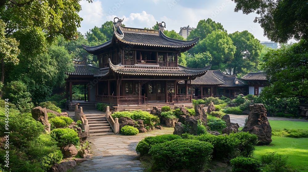 Obraz premium A traditional Chinese wooden building with a curved roof surrounded by greenery and a stone path.