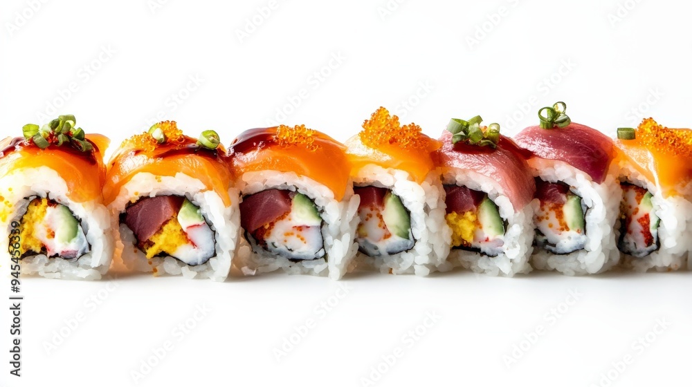 A beautifully presented assortment of sushi rolls, featuring a variety of fresh ingredients including fish, roe, and vegetables, meticulously arranged on white background. A beautifully presented assortment of sushi rolls, featuring a variety of fresh ingredients including fish, roe, and vegetables, meticulously arranged on white background.