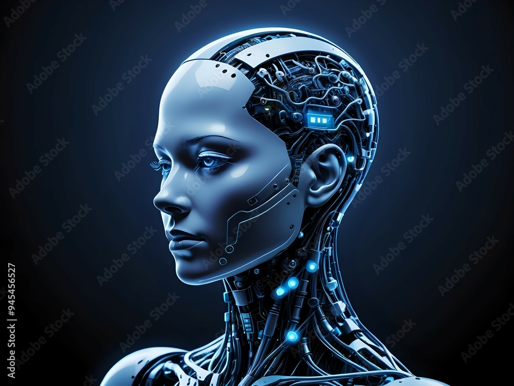 Obraz premium Futuristic robot woman with exposed wiring and glowing blue lights.
