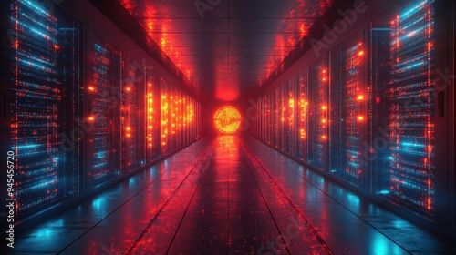 Plakat futuristic data center interior glowing server racks digital information visualization