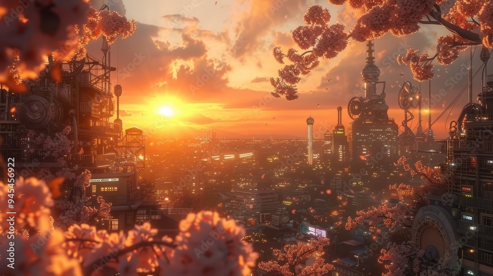 A Cityscape with Cherry Blossoms and Sunset in a Steampunk Style A Cityscape with Cherry Blossoms and Sunset in a Steampunk Style