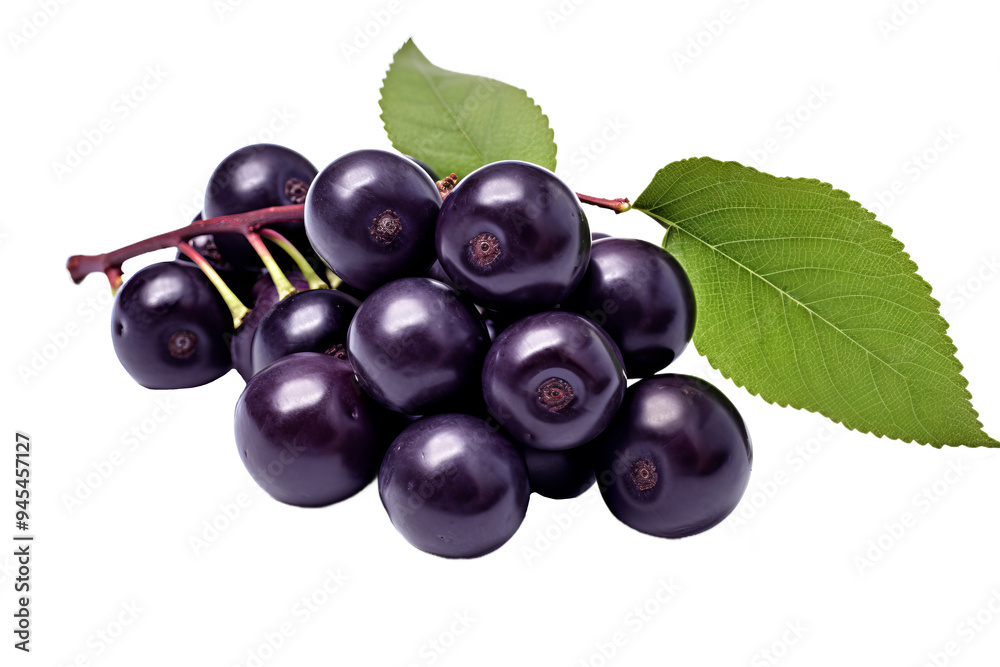 Fototapeta premium Elderberry berries and leaves isolated on transparent background for herbal medicine, organic health products, and culinary ingredients in high-resolution PNG format