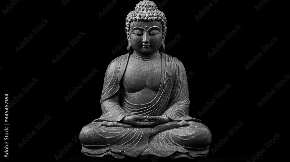 A serene stone Buddha sculpture in a meditative pose on a dark background A serene stone Buddha sculpture in a meditative pose on a dark background