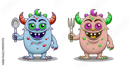 Vector cartoon funny smiling cute horned blue and brown freaks with spoon and fork. Cheerful toon monsters with warts and claws. Set stickers. Isolated white background.