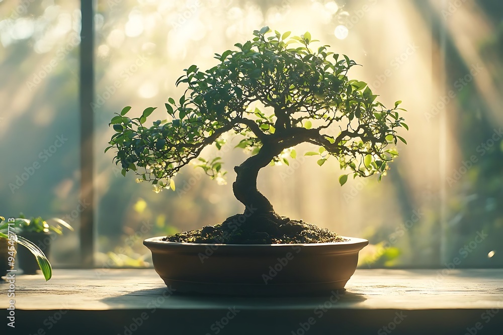 Bonsai Tree in a Pot with Sunlight Streaming Through Window - Photo Bonsai Tree in a Pot with Sunlight Streaming Through Window - Photo
