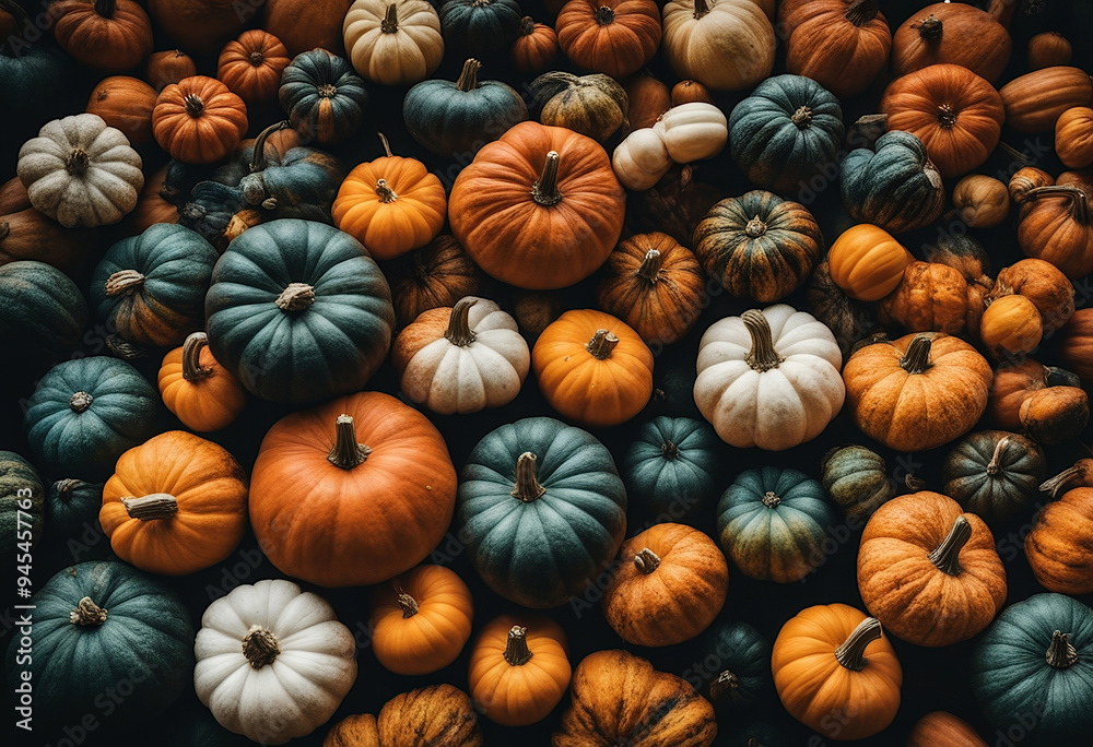 top view of many pumpkins of different sizes and colorful top view of many pumpkins of different sizes and colorful