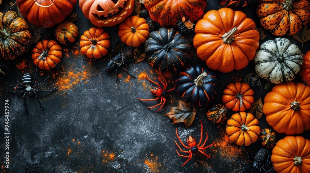 Halloween Pumpkins and Spiders on a Dark Background Halloween Pumpkins and Spiders on a Dark Background