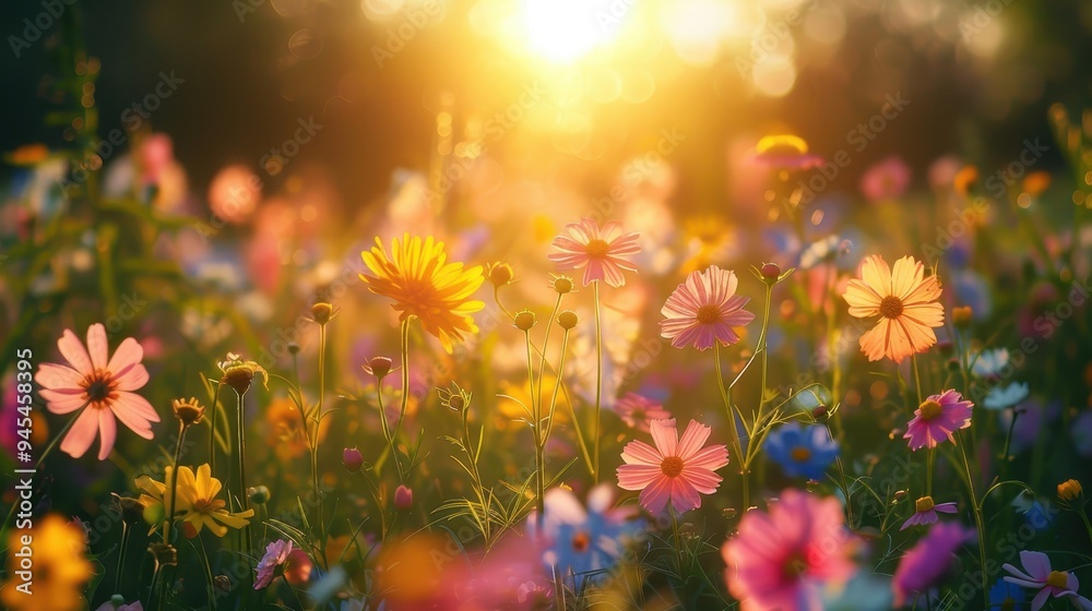 Vibrant Cosmos Flowers in a Field of Blooms at Sunset Vibrant Cosmos Flowers in a Field of Blooms at Sunset