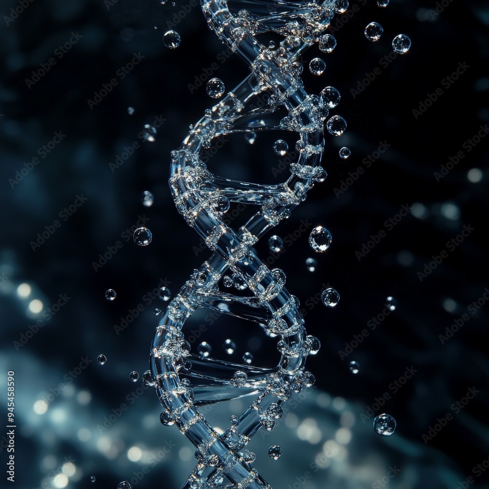 A detailed 3D rendering of a DNA double helix structure submerged in water, surrounded by sparkling bubbles, representing science, biology, and genetic research. A detailed 3D rendering of a DNA double helix structure submerged in water, surrounded by sparkling bubbles, representing science, biology, and genetic research.