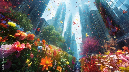 Cityscape with Flowers and Falling Petals