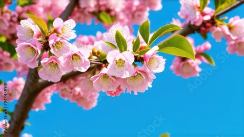 Spring flowers background in peach fuzz color. Blooming apple tree. Soft focus, springtime blossom freshness photo