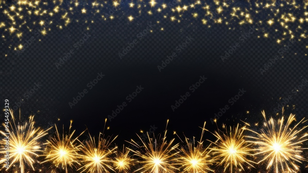 Naklejka premium Golden stars confetti decoration. Horizontal top border from falling sparklers. Design element. Special effect on transparent background