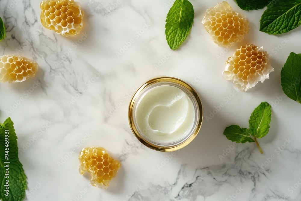 Luxurious honey mint face cream flat lay Luxurious honey mint face cream flat lay