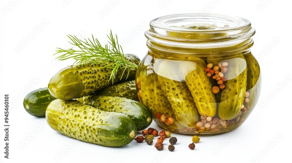 A jar of pickles surrounded by fresh cucumbers and spices, showcasing a popular food item. A jar of pickles surrounded by fresh cucumbers and spices, showcasing a popular food item.
