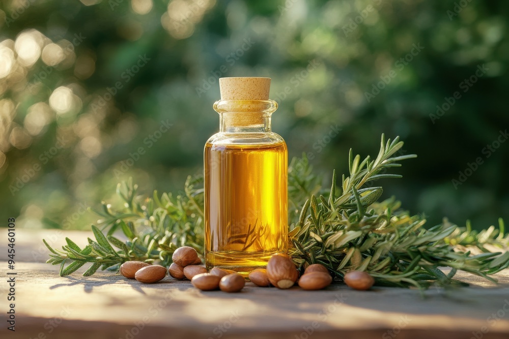 Organic hair oil bottle with rosemary and nuts on wooden surface outdoors Organic hair oil bottle with rosemary and nuts on wooden surface outdoors