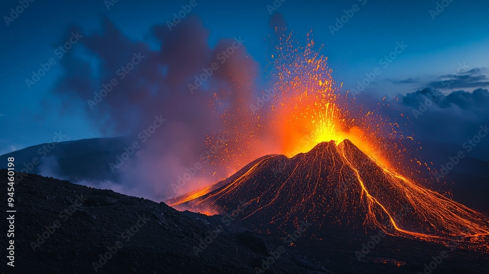 A stunning twilight scene captures a volcanic eruption with glowing lava flows illuminating the darkening sky, portraying the magnificent and dangerous beauty of nature. A stunning twilight scene captures a volcanic eruption with glowing lava flows illuminating the darkening sky, portraying the magnificent and dangerous beauty of nature.