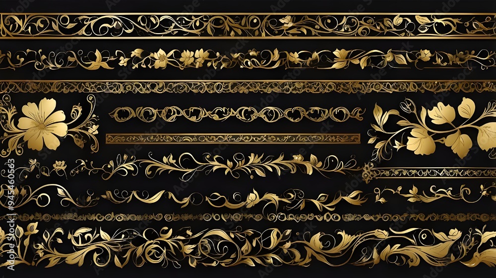 A vector collection of ornamental horizontal flower motifs, frames, corners, and borders in gold A vector collection of ornamental horizontal flower motifs, frames, corners, and borders in gold