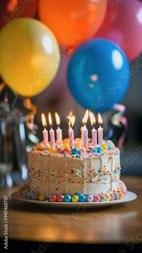 Birthday Cake with Colorful Candles and Decorations